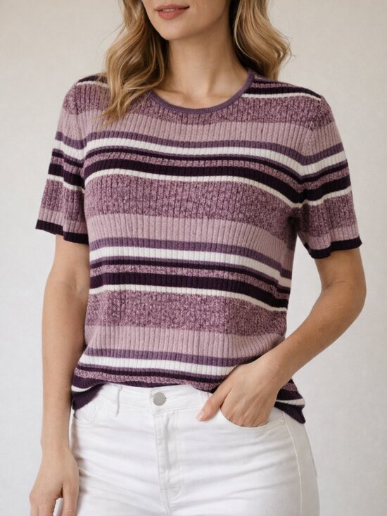 Laura Scott Sweaters - VINTAGE Laura Scott Striped Ribbed Knit Short Sleeve Sweater | Small to Medium
